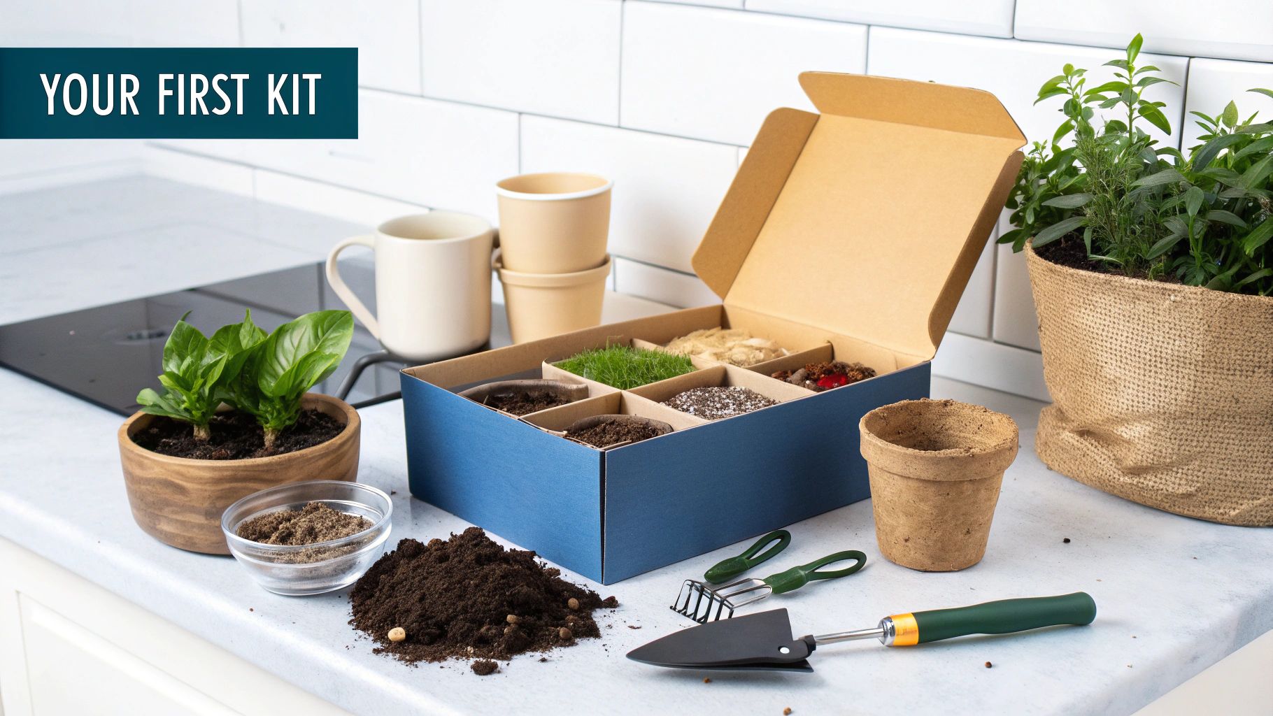 Person holding a small plant seedling from a beginner gardening kit