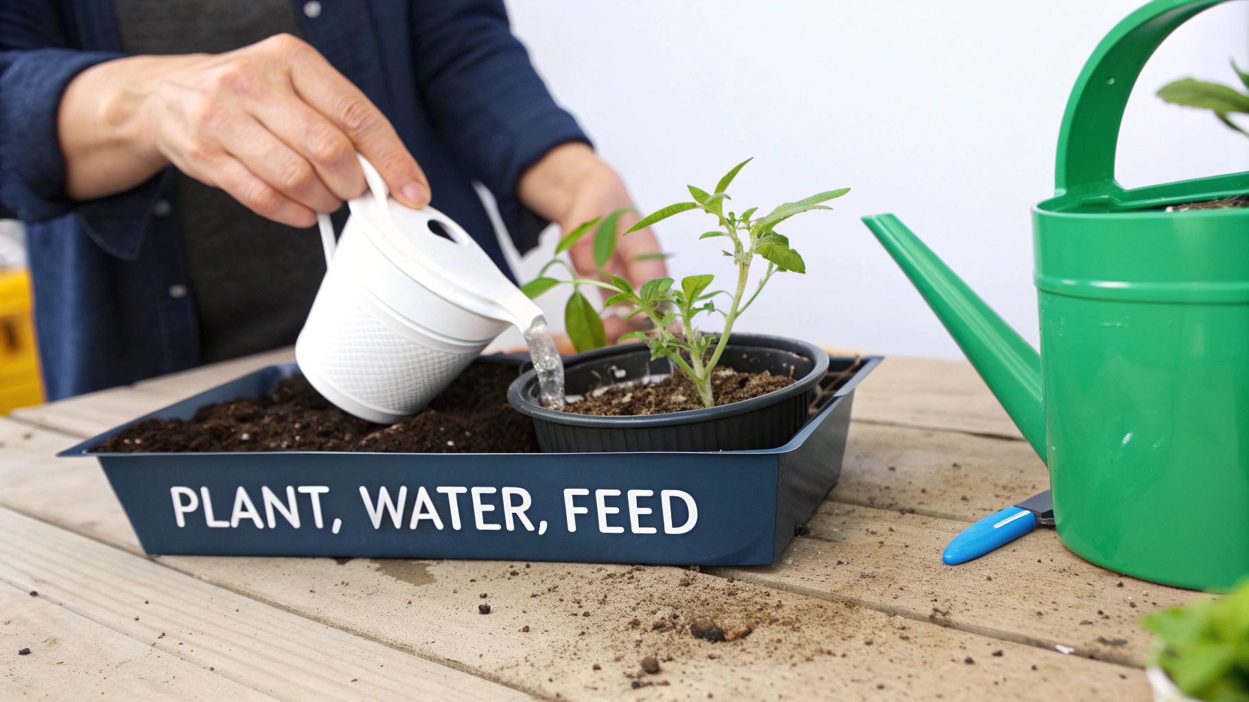 A person waters a small plant in a pot within a blue tray labeled 'PLANT, WATER, FEED'.