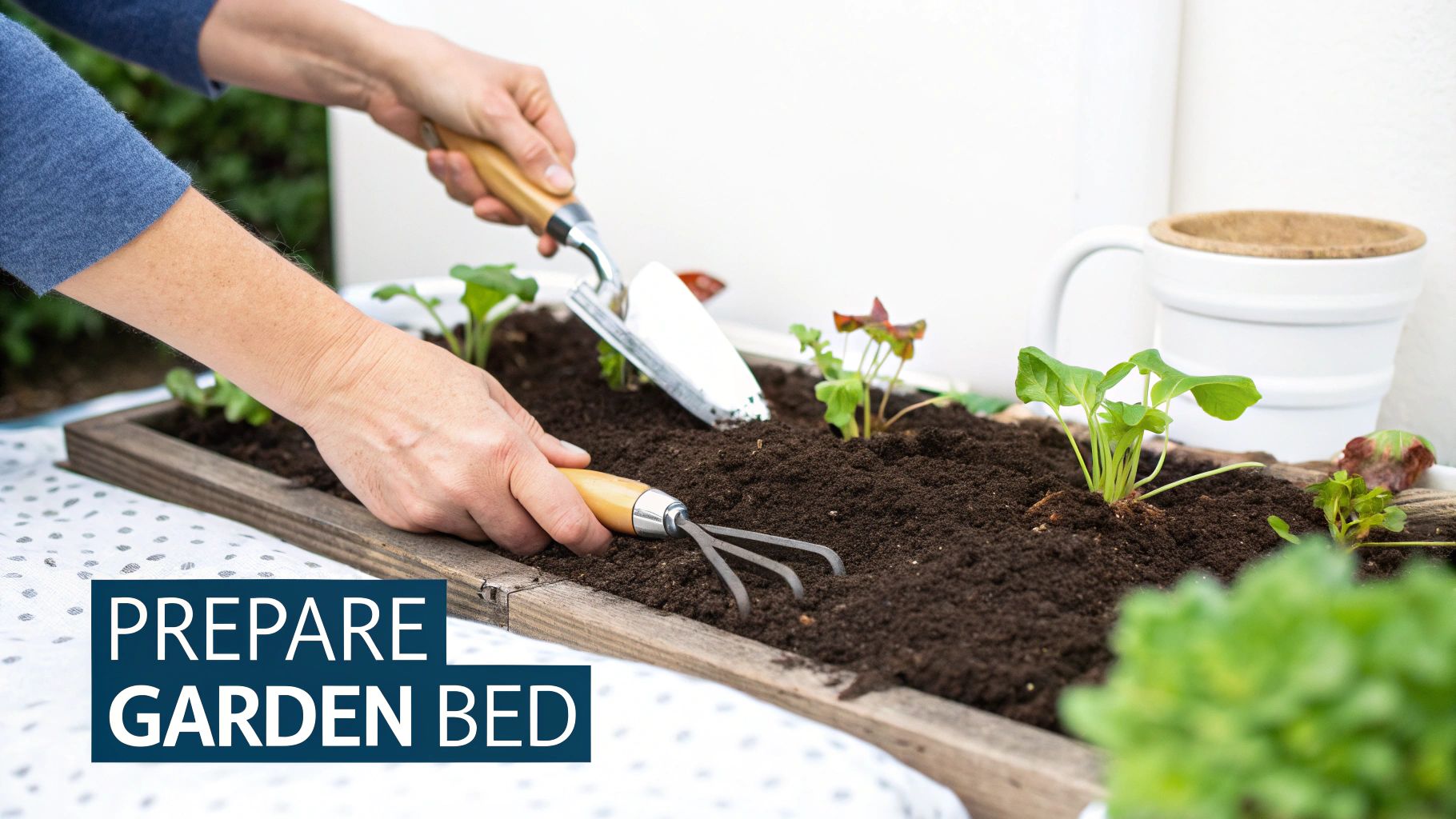 Hands preparing a small garden bed, planting seedlings into fresh soil with gardening tools.
