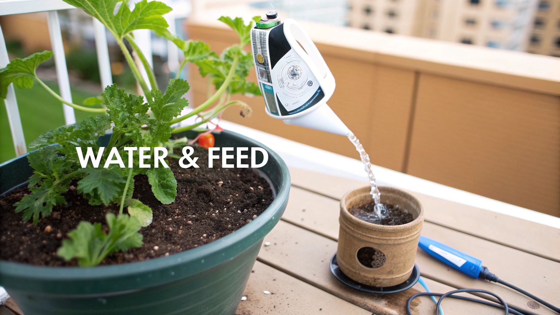 A person watering a potted watermelon plant on a sunny balcony.