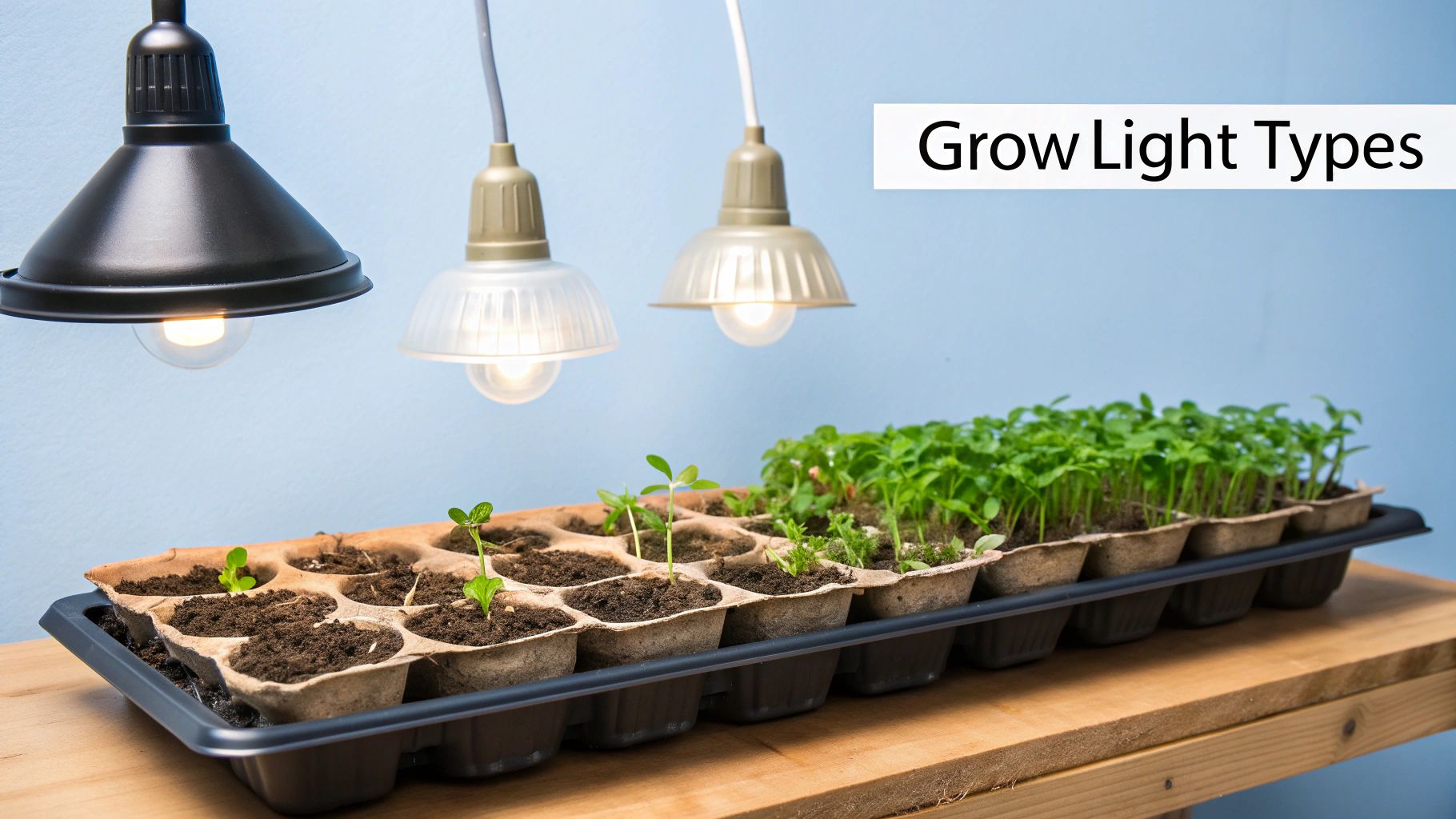 A collection of different types of grow lights showing LEDs and fluorescents.