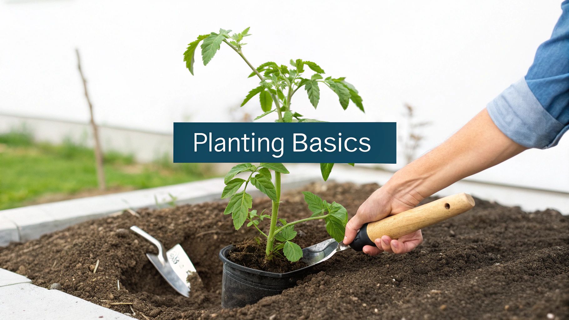 Gardener inspecting a healthy tomato plant