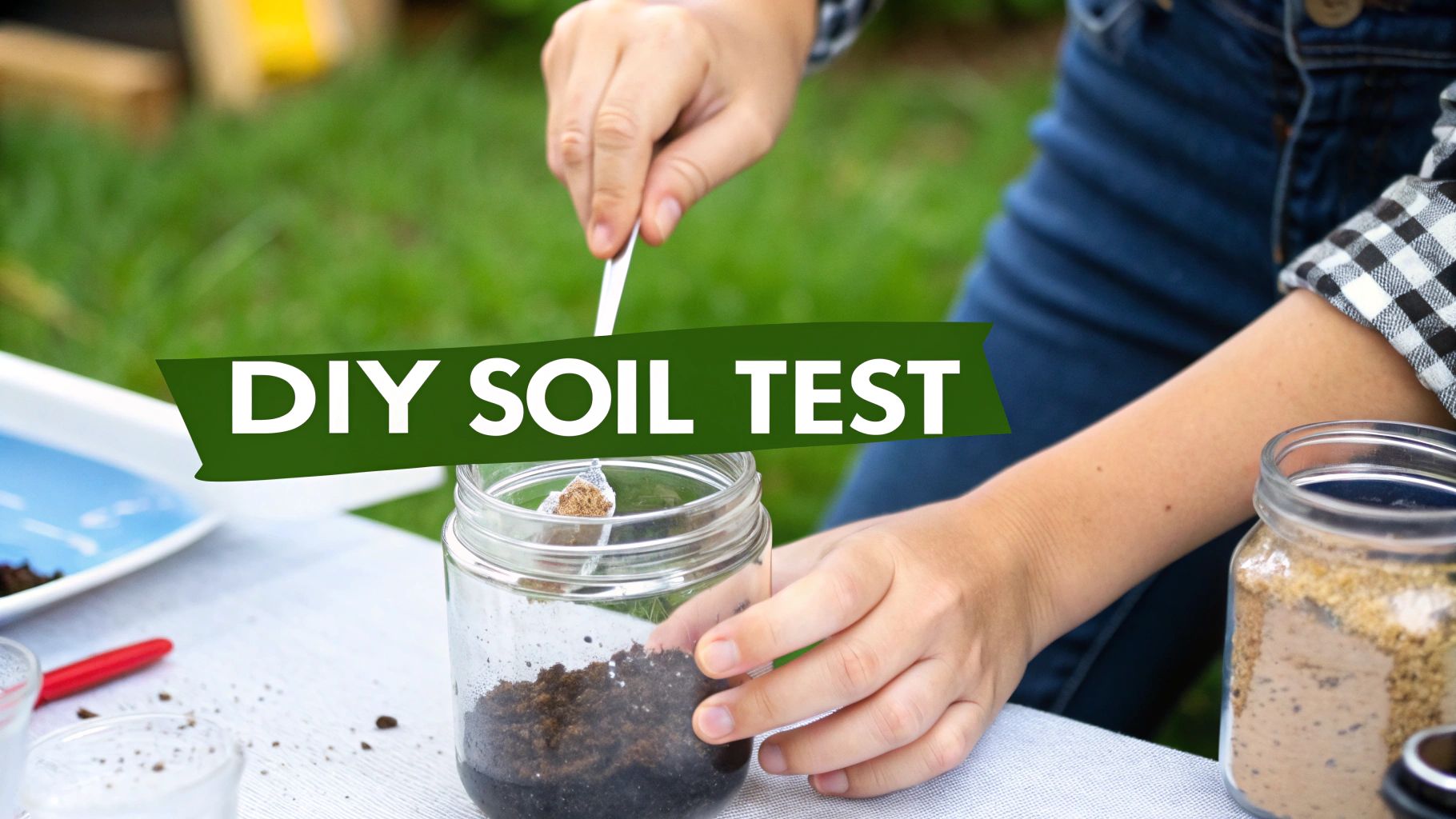 A home gardener observing the different colors and textures of soil samples in small bowls.