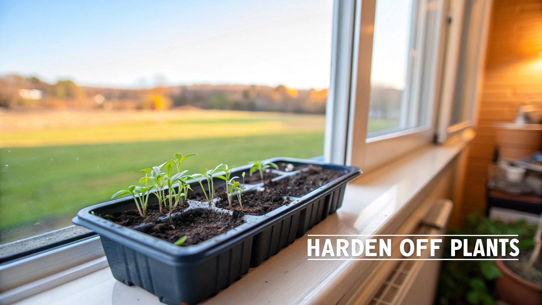 Small green plant seedlings in a black tray on a windowsill with a bright outdoor view.