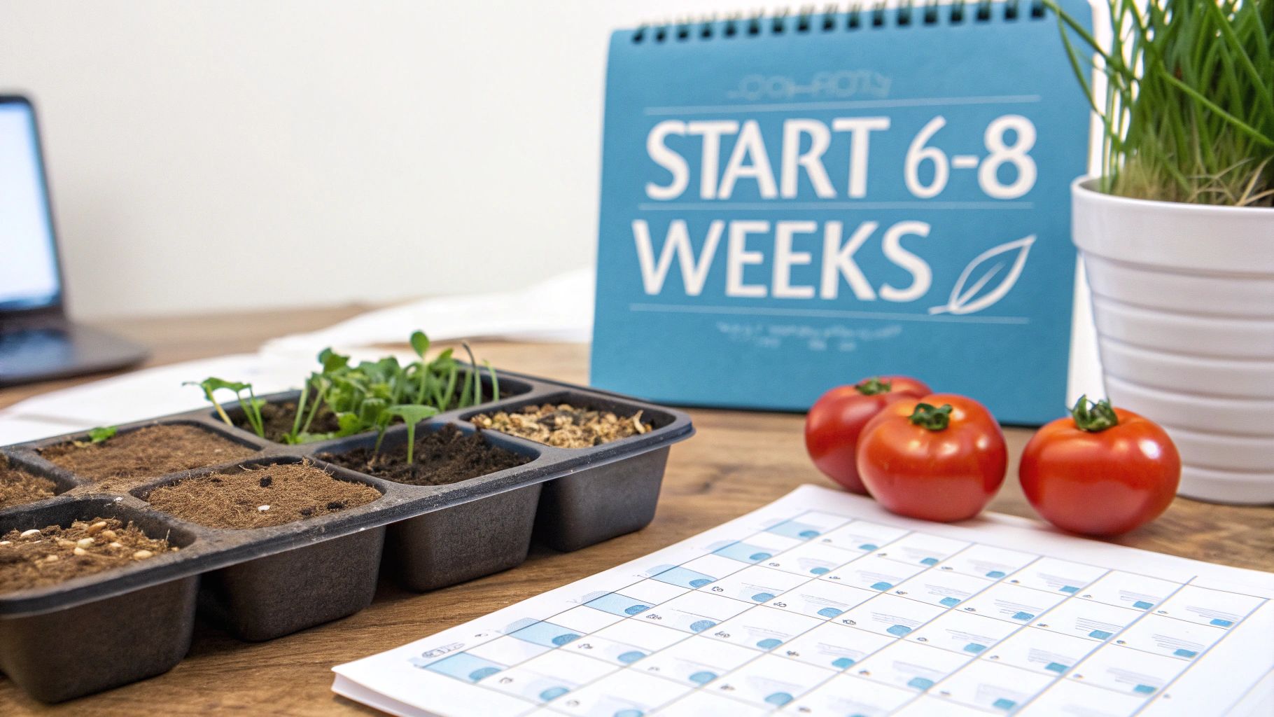 Indoor gardening setup showing tomato seedlings, fresh tomatoes, and a 'START 6-8 WEEKS' planting guide.