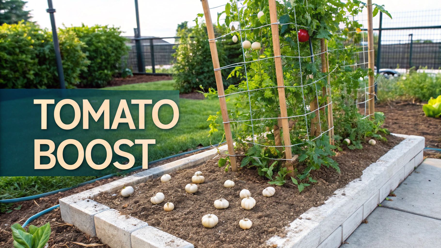 Tomatoes growing alongside garlic in a garden bed