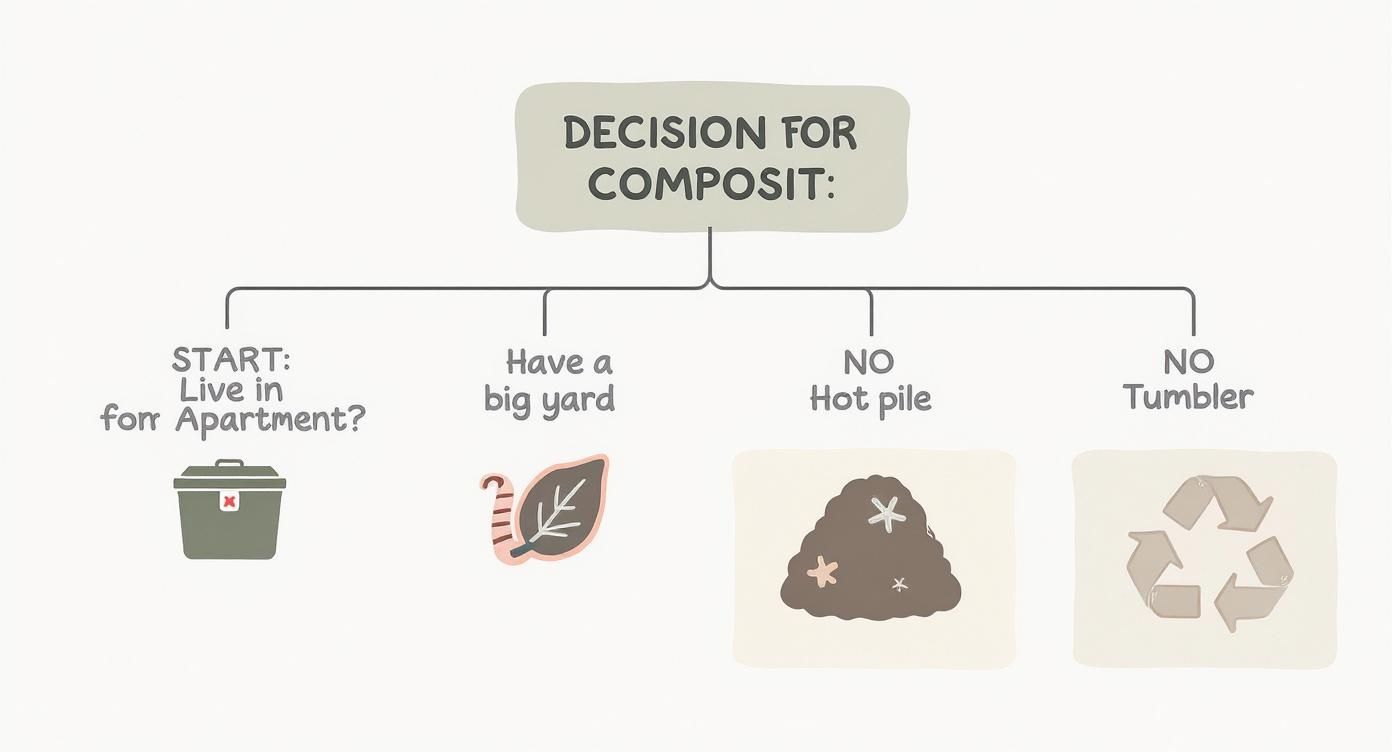 Decision tree for composting, considering apartment living, yard size, hot piles, and tumblers.