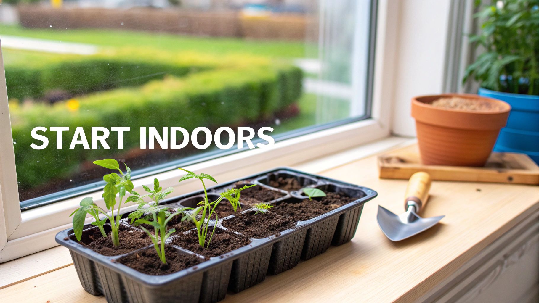 Two hands planting a small tomato seedling into a pot indoors