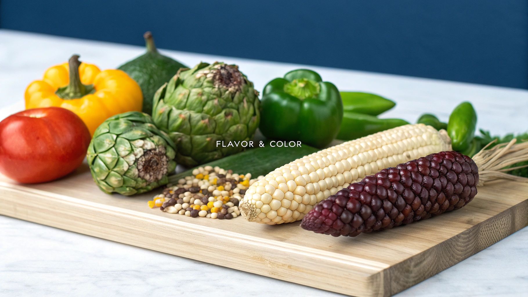 A vibrant array of fresh, colorful vegetables, including corn, peppers, tomatoes, and artichokes, on a wooden board.