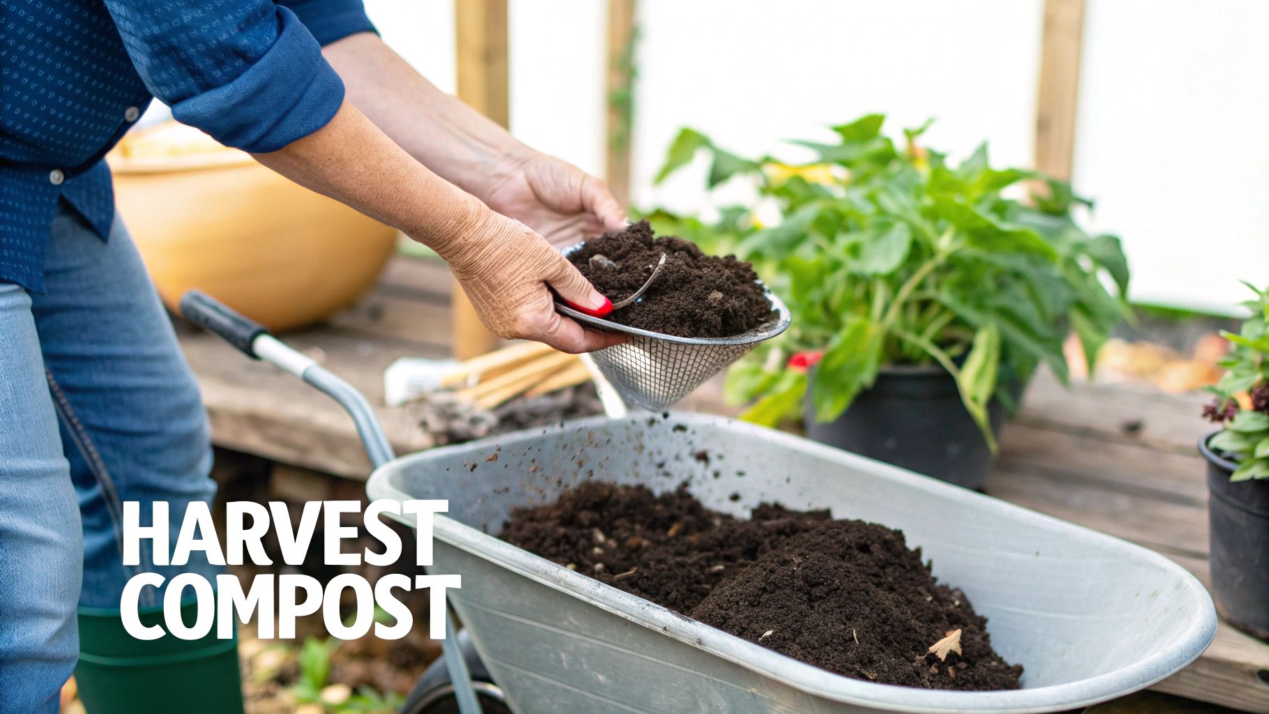 A person sifting rich, dark compost with a mesh sieve into a silver wheelbarrow.
