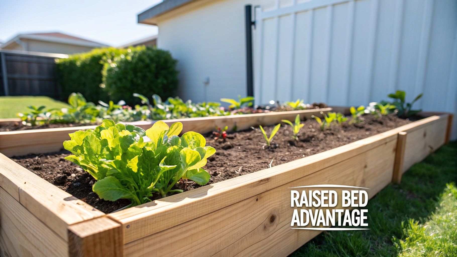 A wooden raised garden bed flourishing with green lettuce and other young vegetable plants in a sunny backyard.