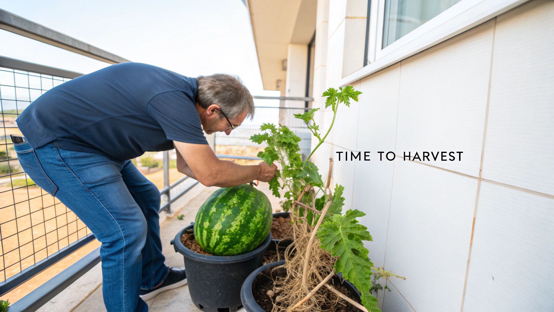 A hand thumping a ripe watermelon in a large pot on a sunny patio.