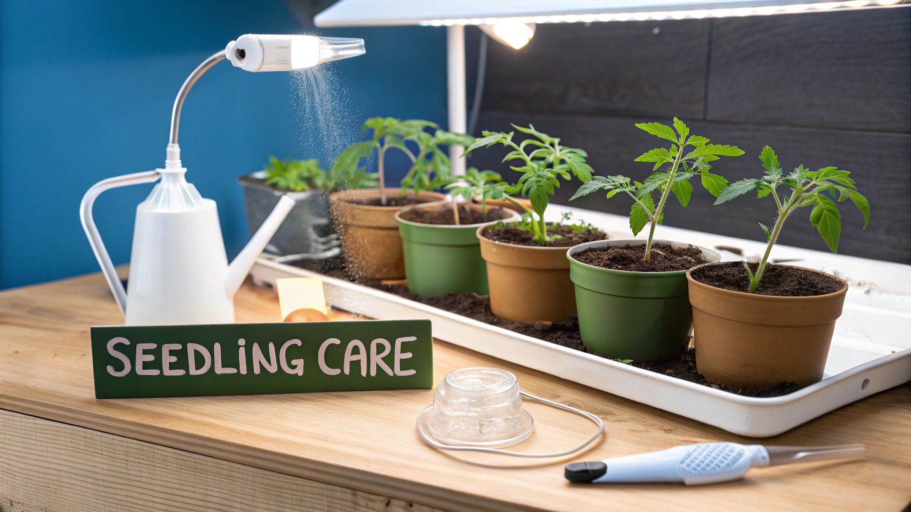 A small tomato seedling growing in a biodegradable pot