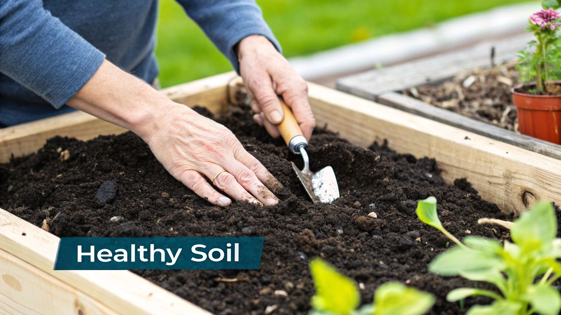 Hands planting a seedling in rich, dark soil within a wooden raised garden bed, signifying healthy soil.