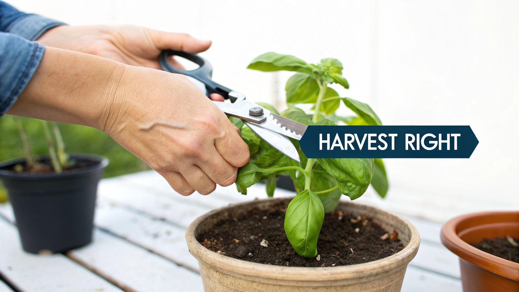 Woman harvesting fresh herbs from her indoor garden.