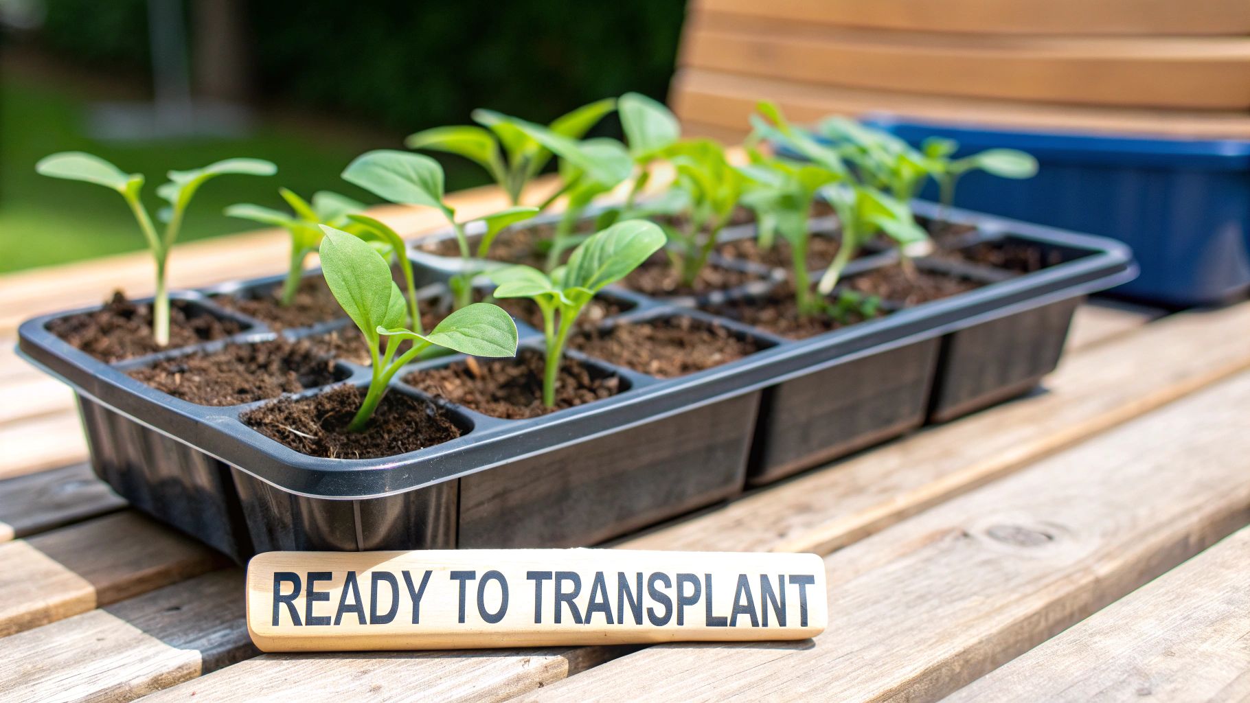A healthy seedling with true leaves held by hand, ready for transplanting.