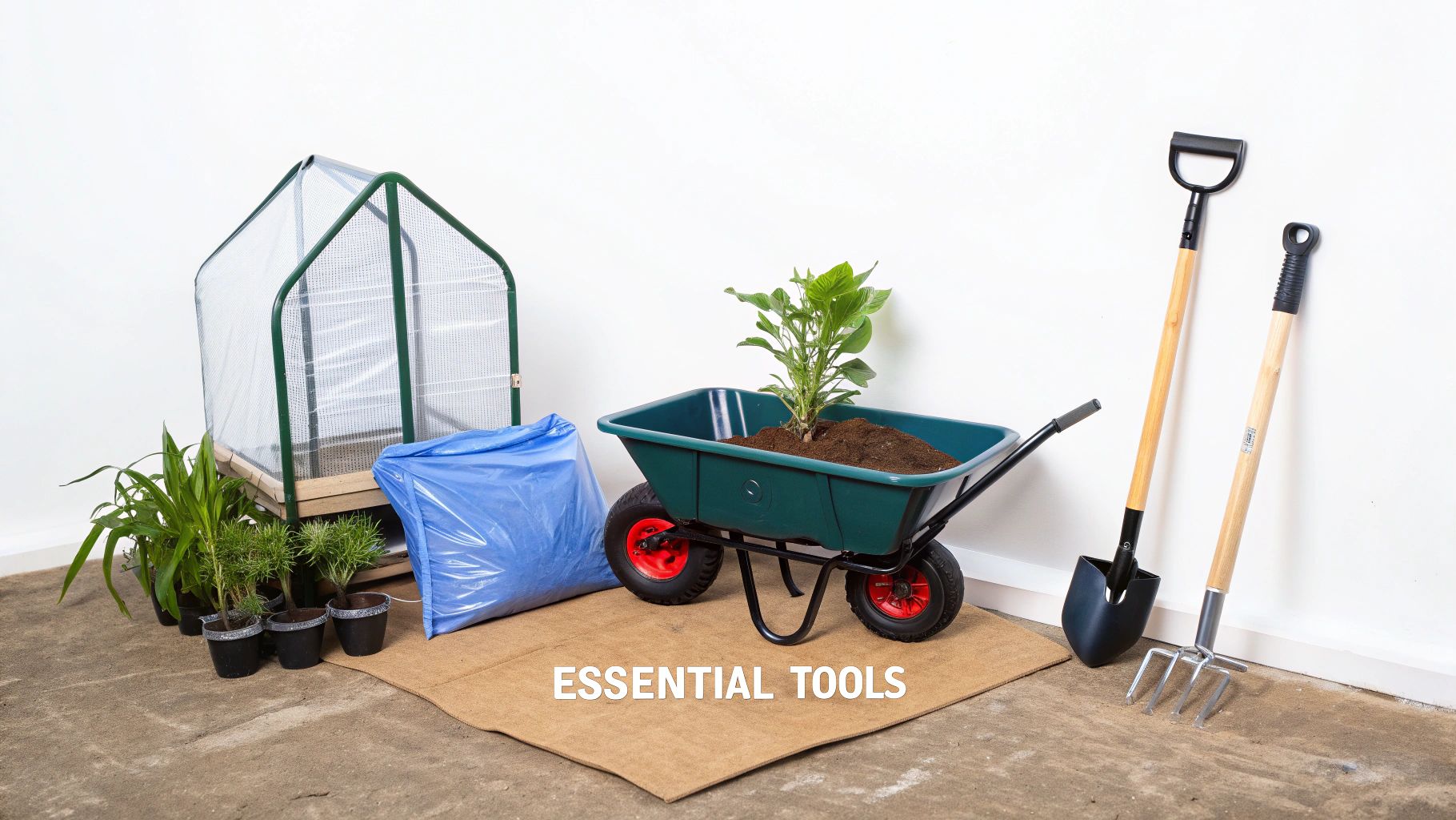 A collection of gardening essentials including a mini greenhouse, potted plants, wheelbarrow, shovel, and fork.
