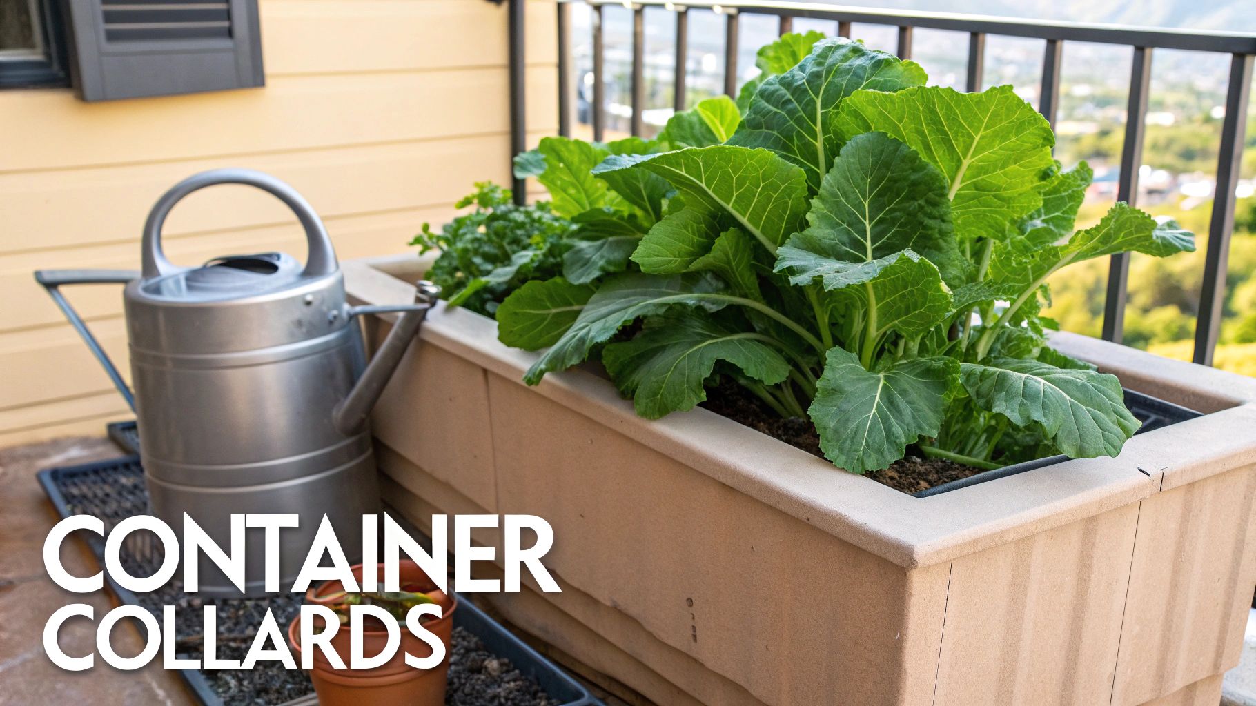 Healthy collard greens growing in beige container planter on balcony with watering can