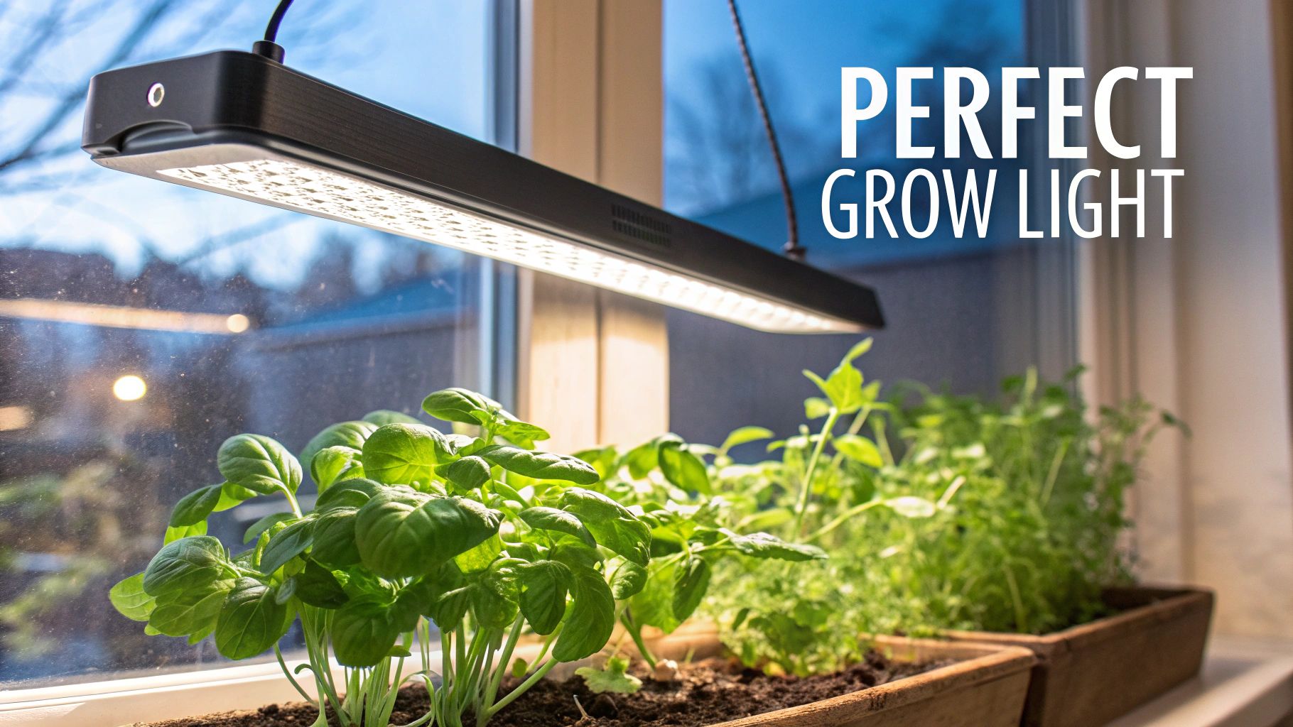 Several small potted herbs sitting on a sunny windowsill, backlit by bright, natural light.