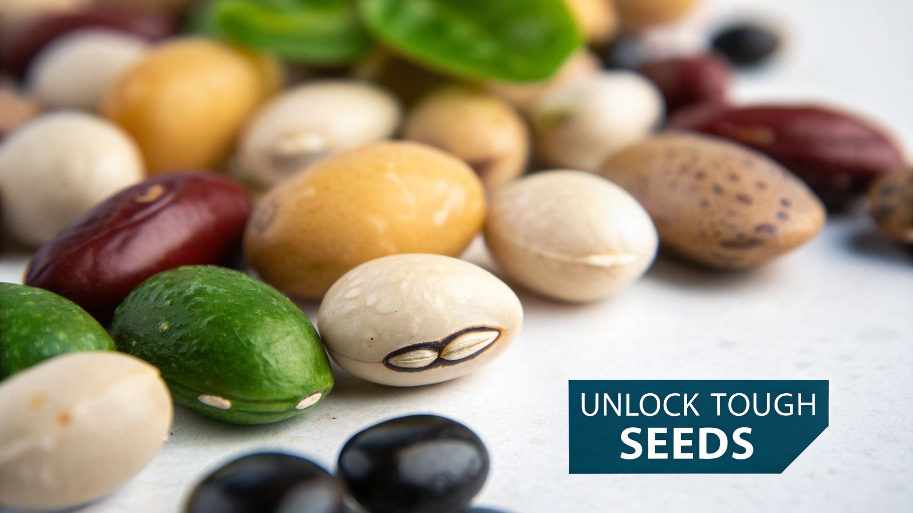 Diverse assortment of colorful legume seeds, including white, green, red, and speckled beans, on a light background.