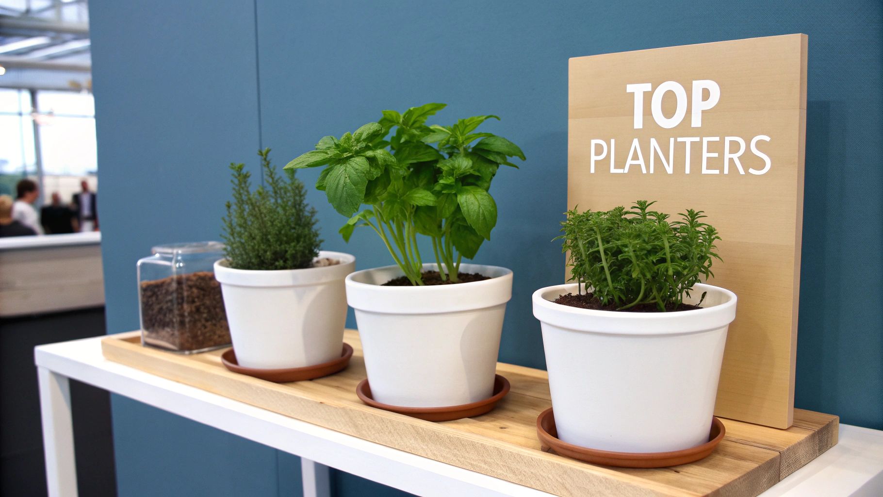 A collection of green plants thriving in white self-watering planters.