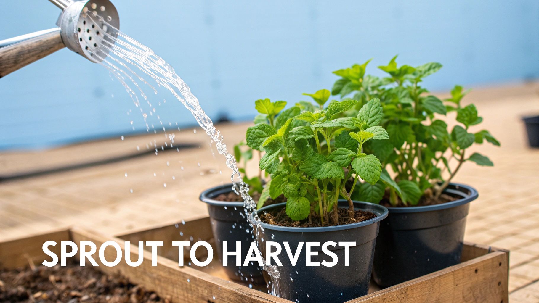 A watering can sprinkles water onto vibrant green mint plants in black pots inside a wooden crate, with text "SPROUT TO HARVEST".