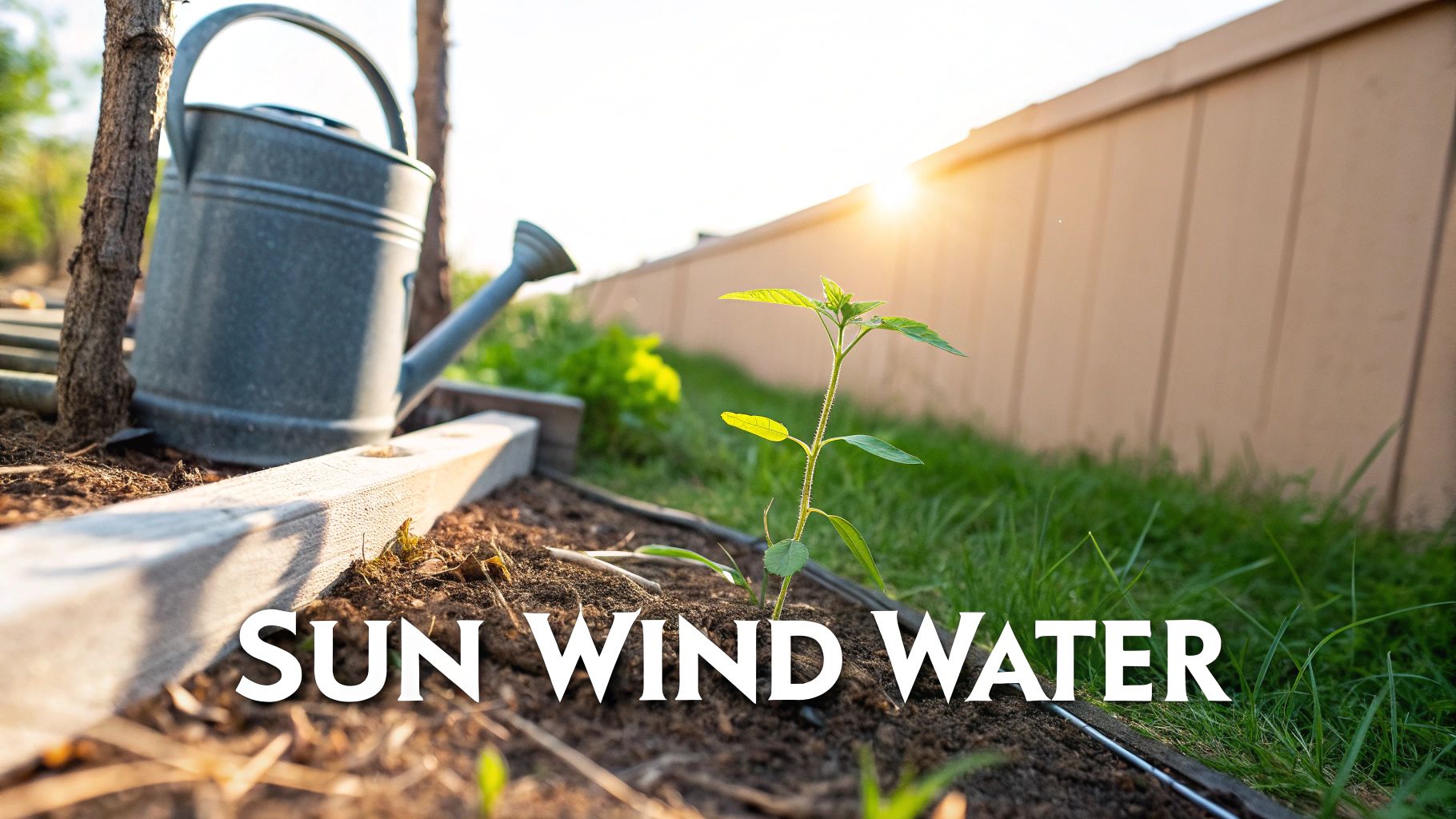 A gardener watering a tray of small green seedlings outdoors.