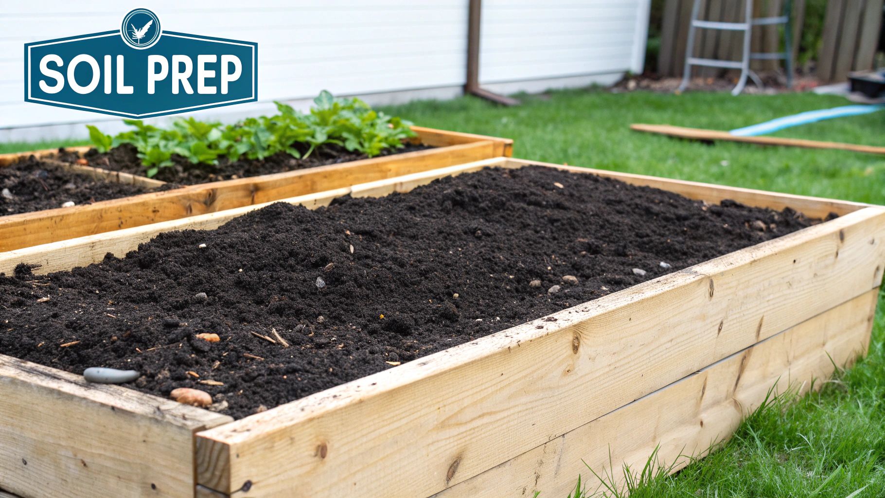A person preparing a garden bed with rich, dark soil.