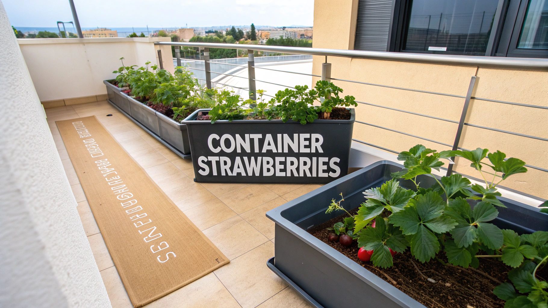 A balcony garden featuring container strawberry plants and other greenery in planters with a city view.