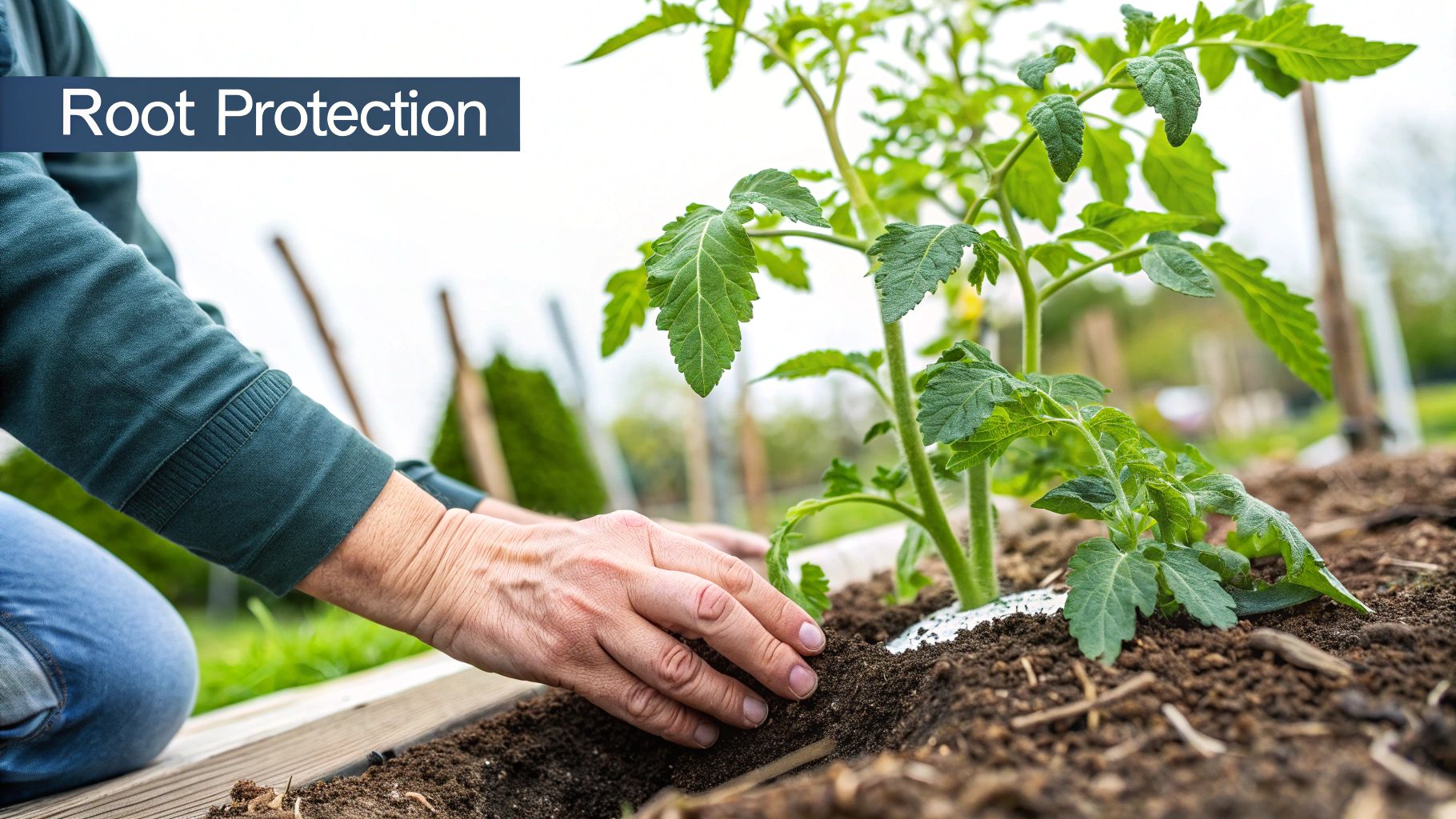 A person carefully weeding around the base of a tomato plant to avoid disturbing the roots.