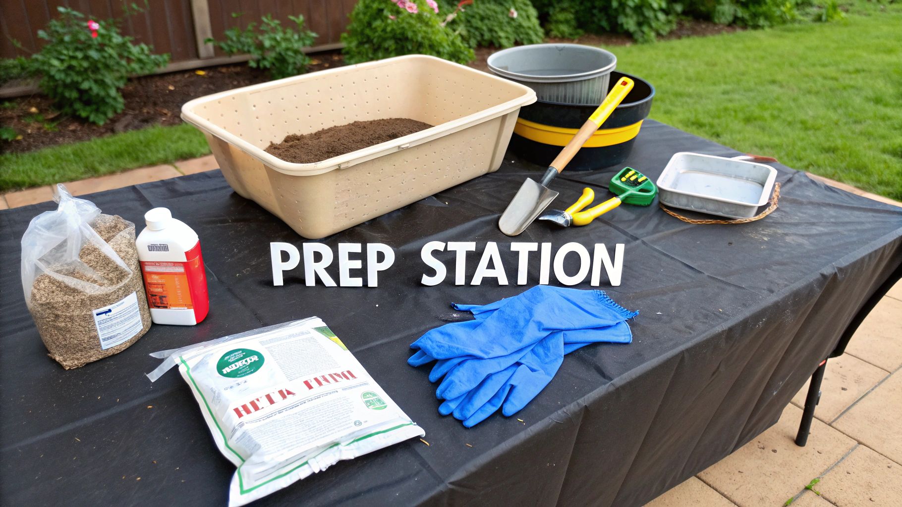 Gardening tools and ingredients like gloves, soil, and perlite laid out on a wooden surface.