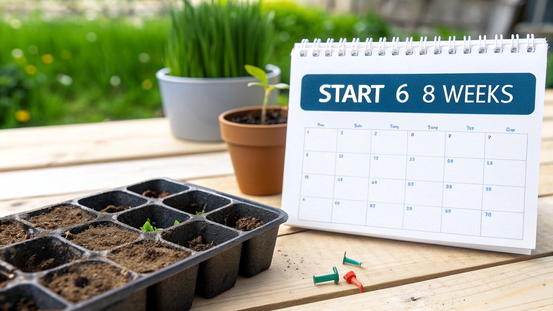 A collection of seed starting supplies including trays, soil, and small pots.
