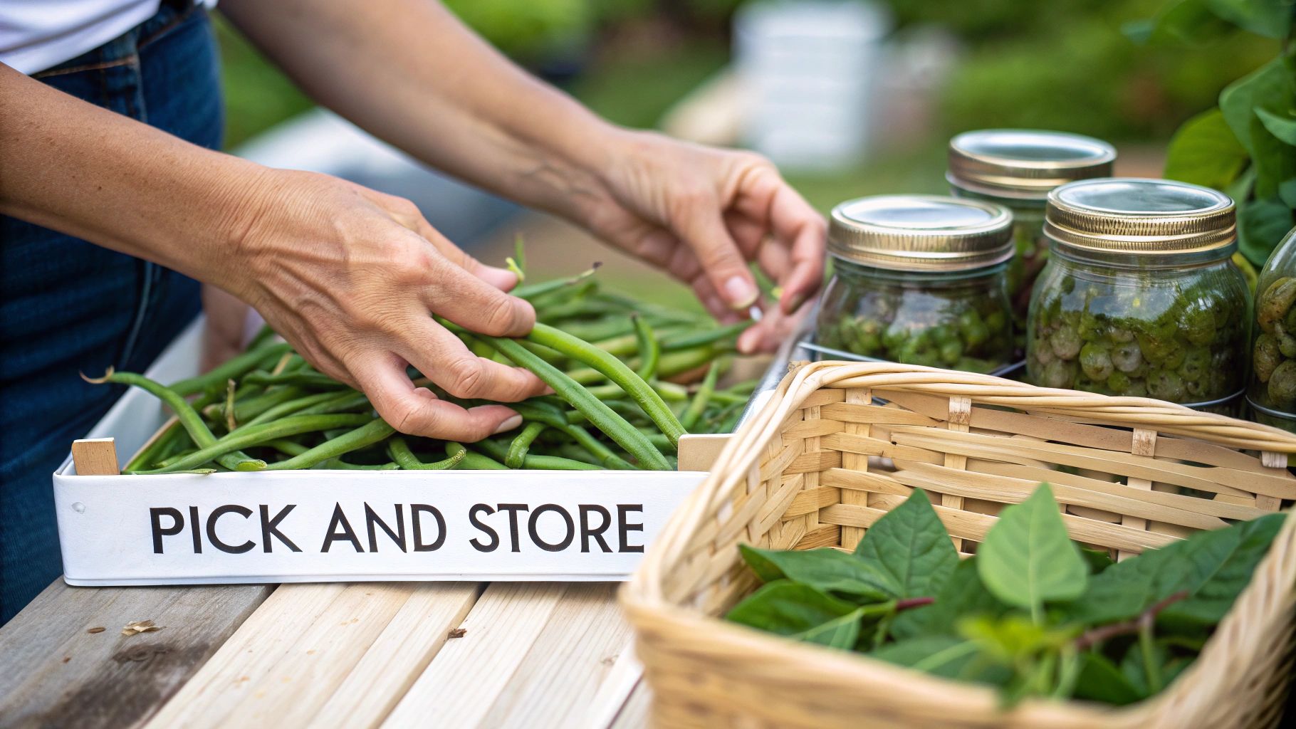 Hands sorting fresh green beans from a white container labeled 'Pick and Store' for preservation.