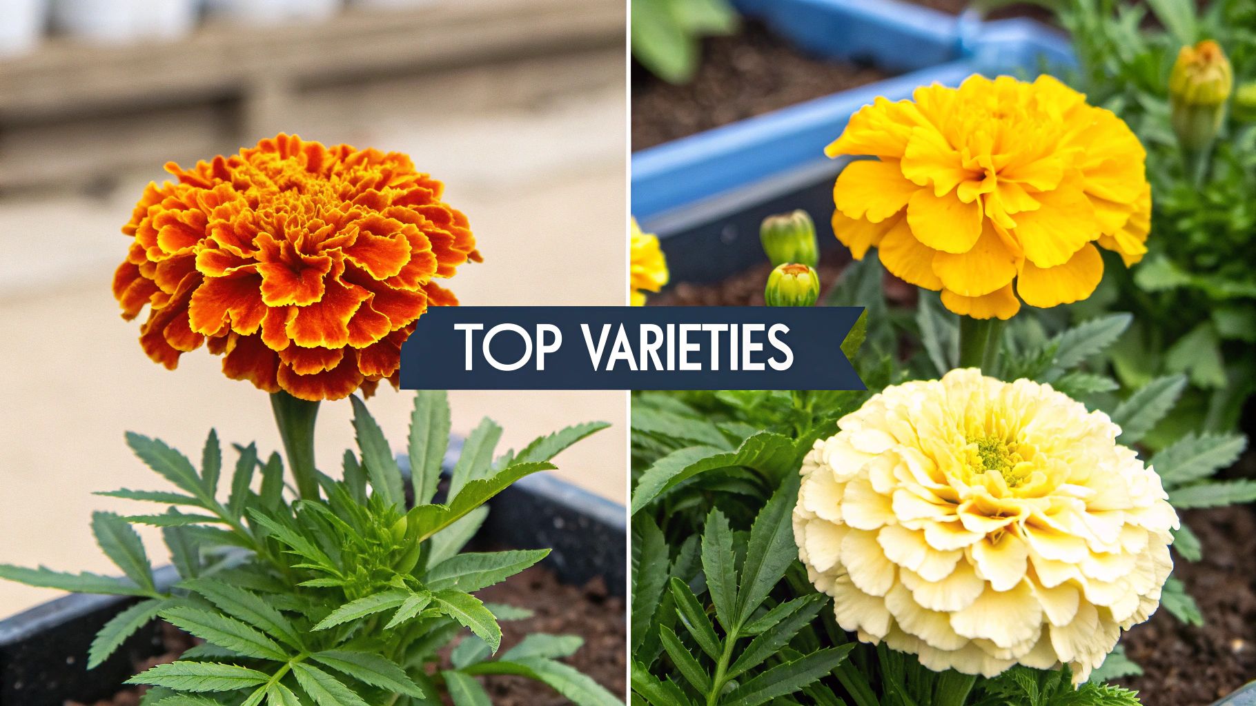 Several varieties of orange and yellow marigolds growing together.