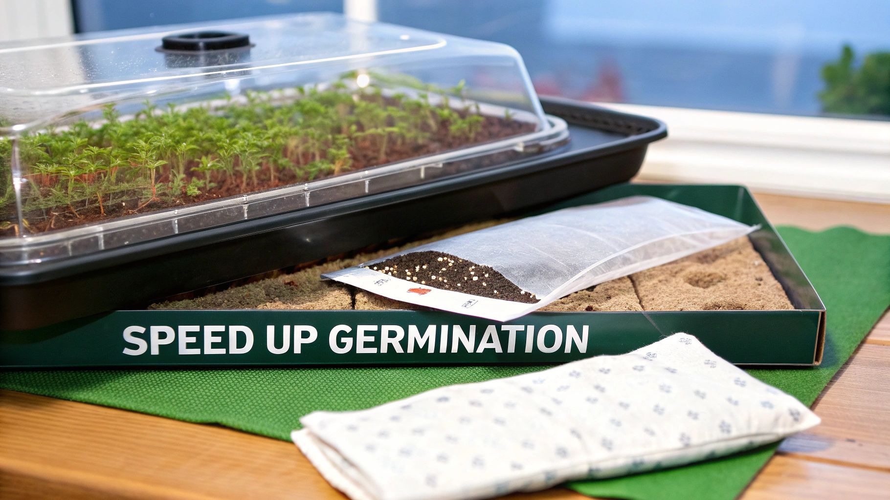 Seedlings in a mini greenhouse with a seed packet and heating pad for speeding up germination.