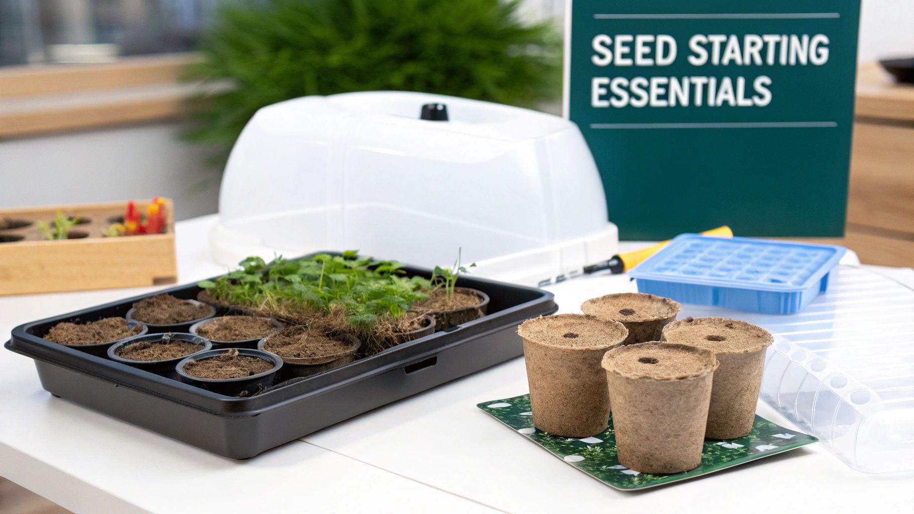 A collection of seed starting supplies including trays, soil, and small pots ready for planting.