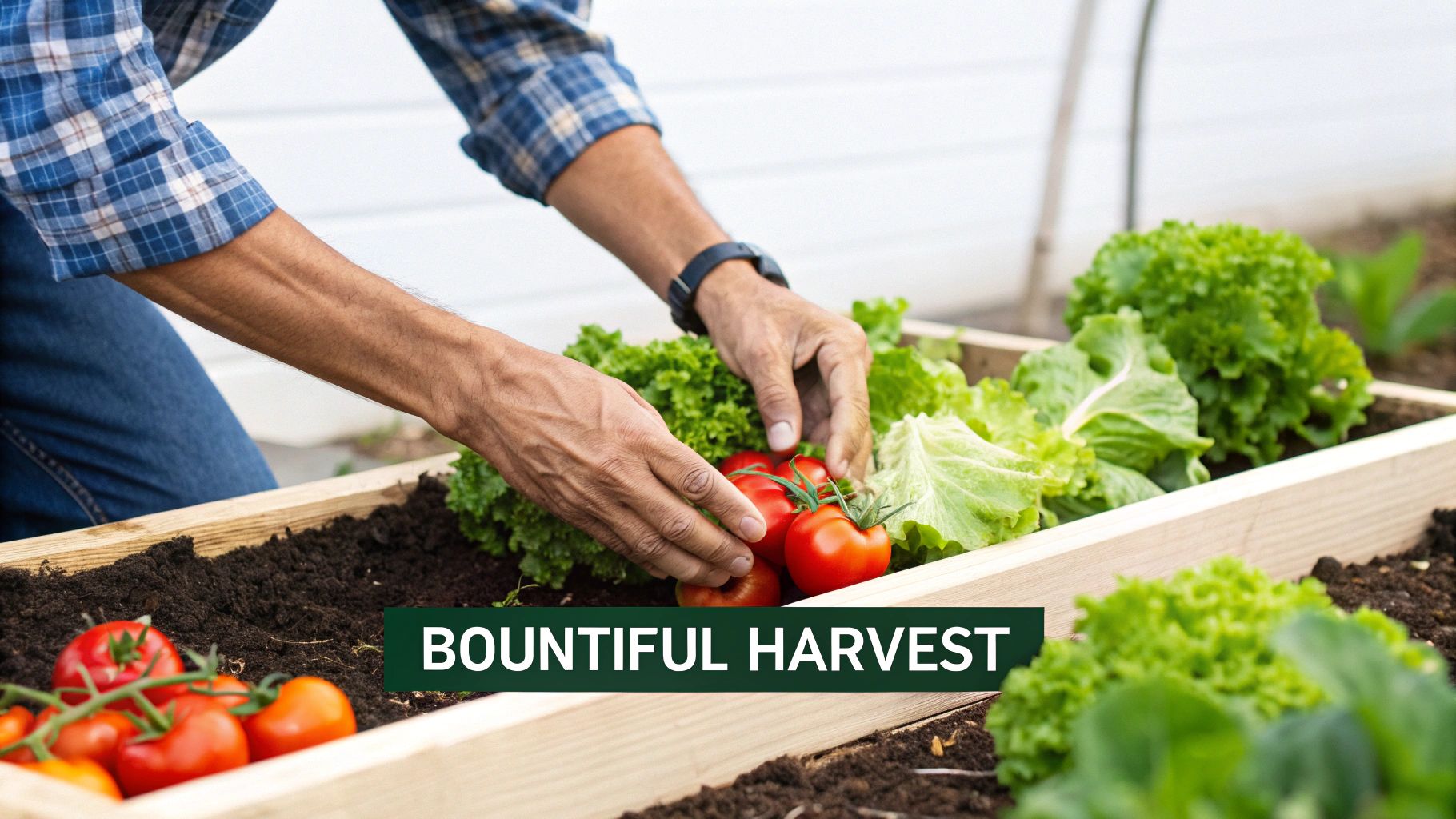 A person's hands harvesting fresh red tomatoes and green lettuce from a raised garden bed.