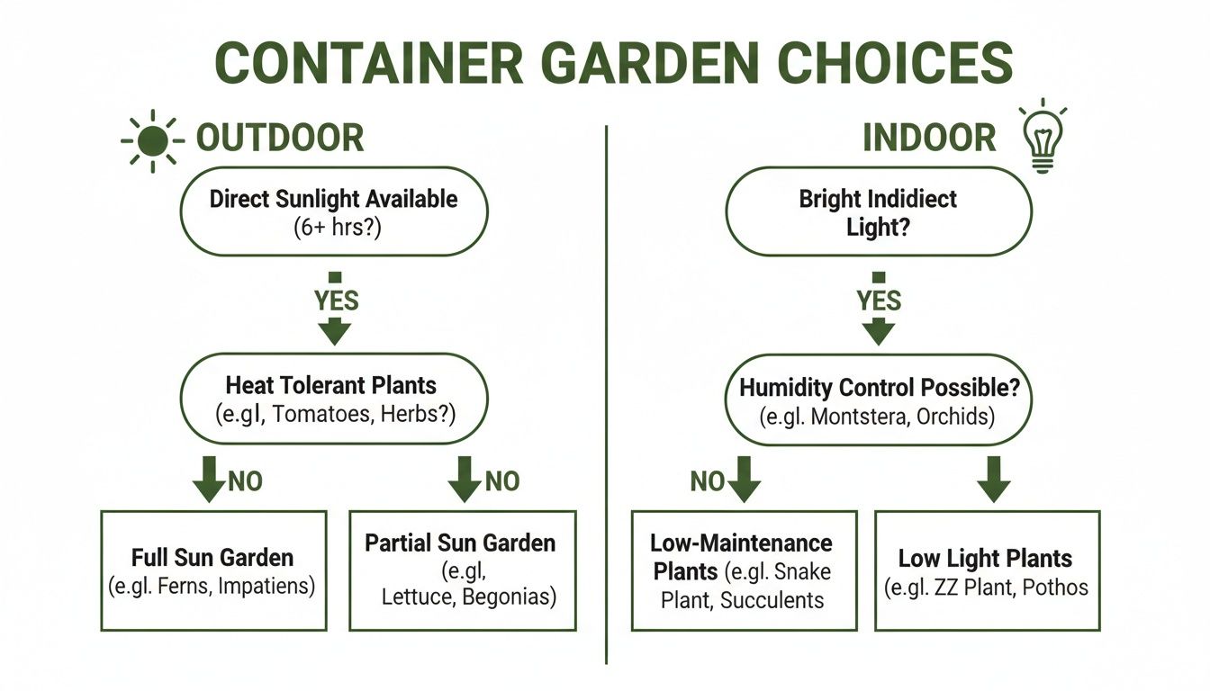 Flowchart guiding container garden choices for outdoor (sunlight, heat) or indoor (light, humidity) plant selection.