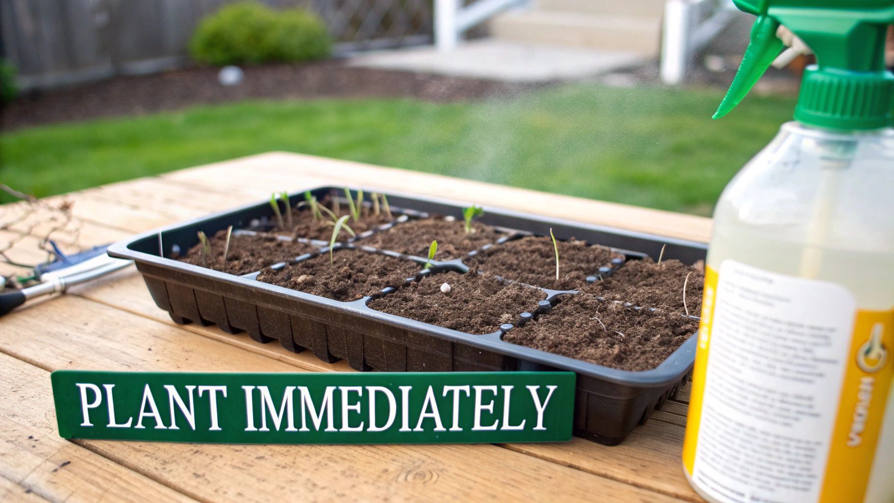 A tray of young seedlings on a wooden table, being sprayed with water from a bottle, with a 'PLANT IMMEDIATELY' sign.
