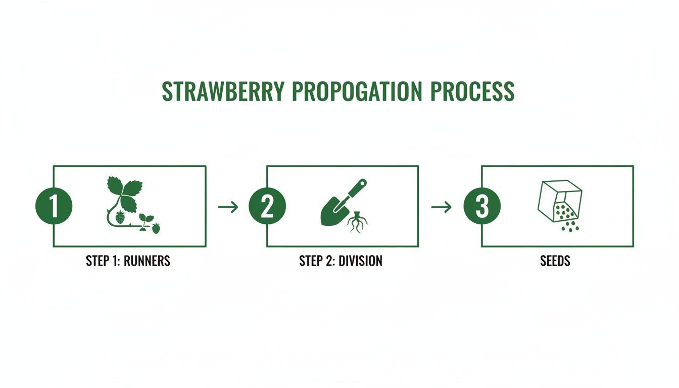 Infographic illustrating three methods of strawberry propagation: runners, division, and seeds.