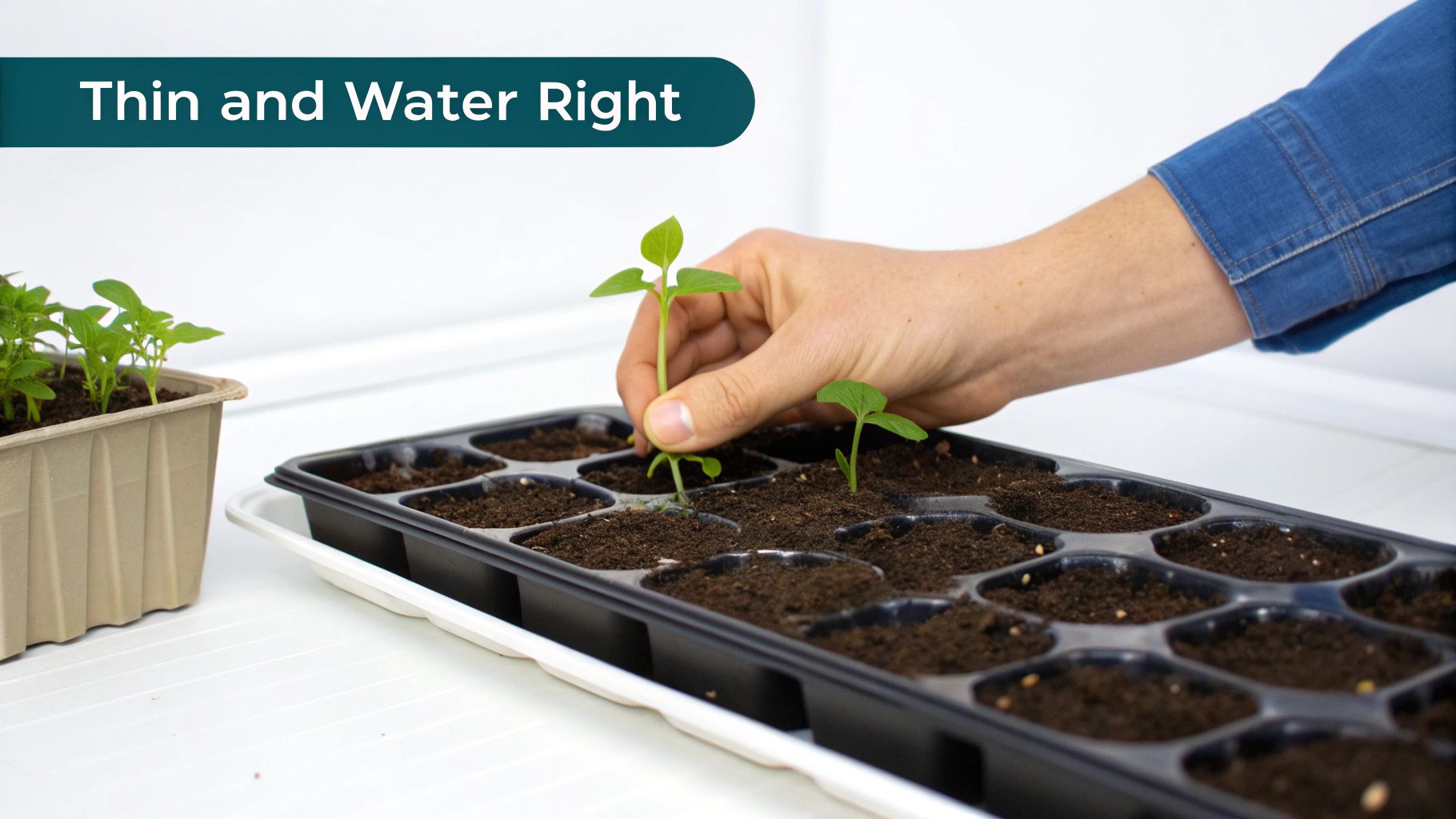 Seedlings in a tray being bottom-watered to encourage strong roots.