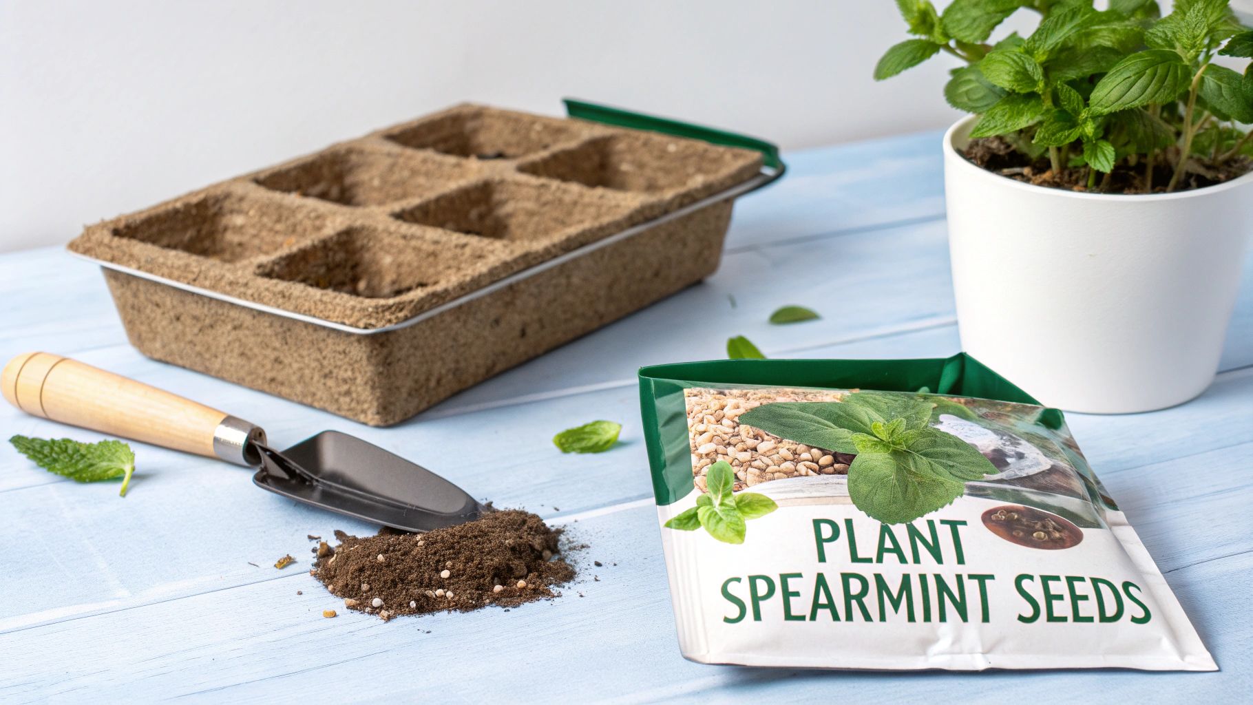 Gardening setup with spearmint seeds, a trowel, soil, and a propagation tray on a blue table.