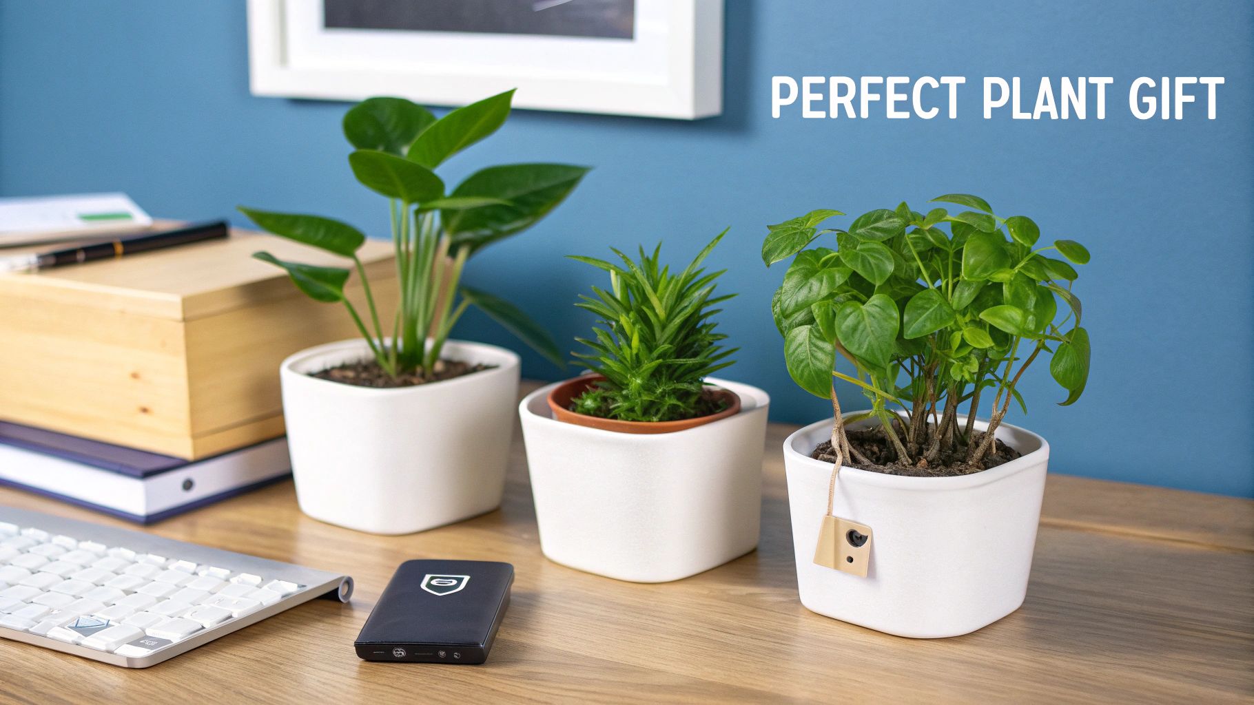 Three small potted plants in white ceramic pots on wooden desk, perfect plant gift idea