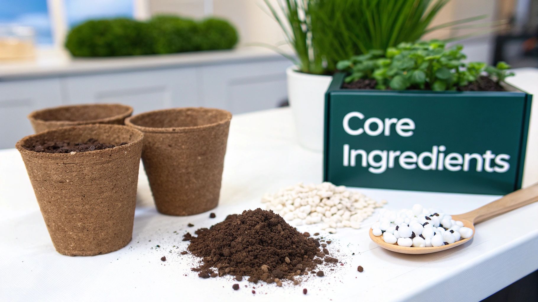 A gardener's hands mixing together various potting mix ingredients like soil, perlite, and compost.