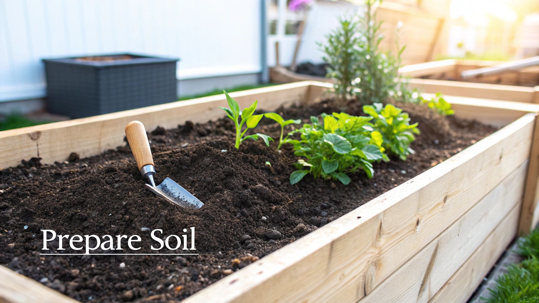 Lush garden bed prepared for planting gourds with rich, dark soil.