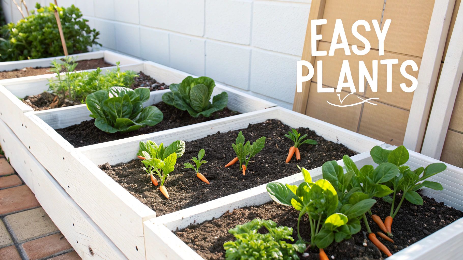A colorful raised garden bed filled with various easy-to-grow plants like lettuce, herbs, and marigolds.