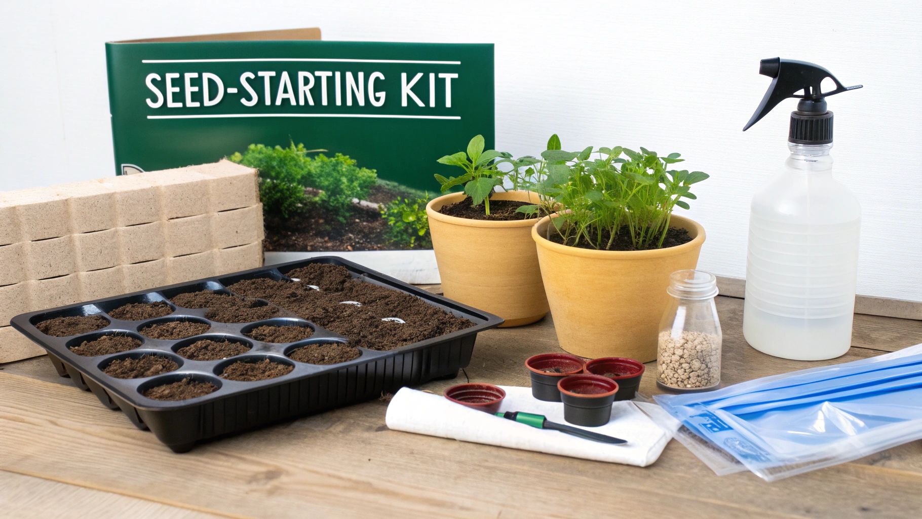 Hands gently sowing a small seed into a soil-filled tray.