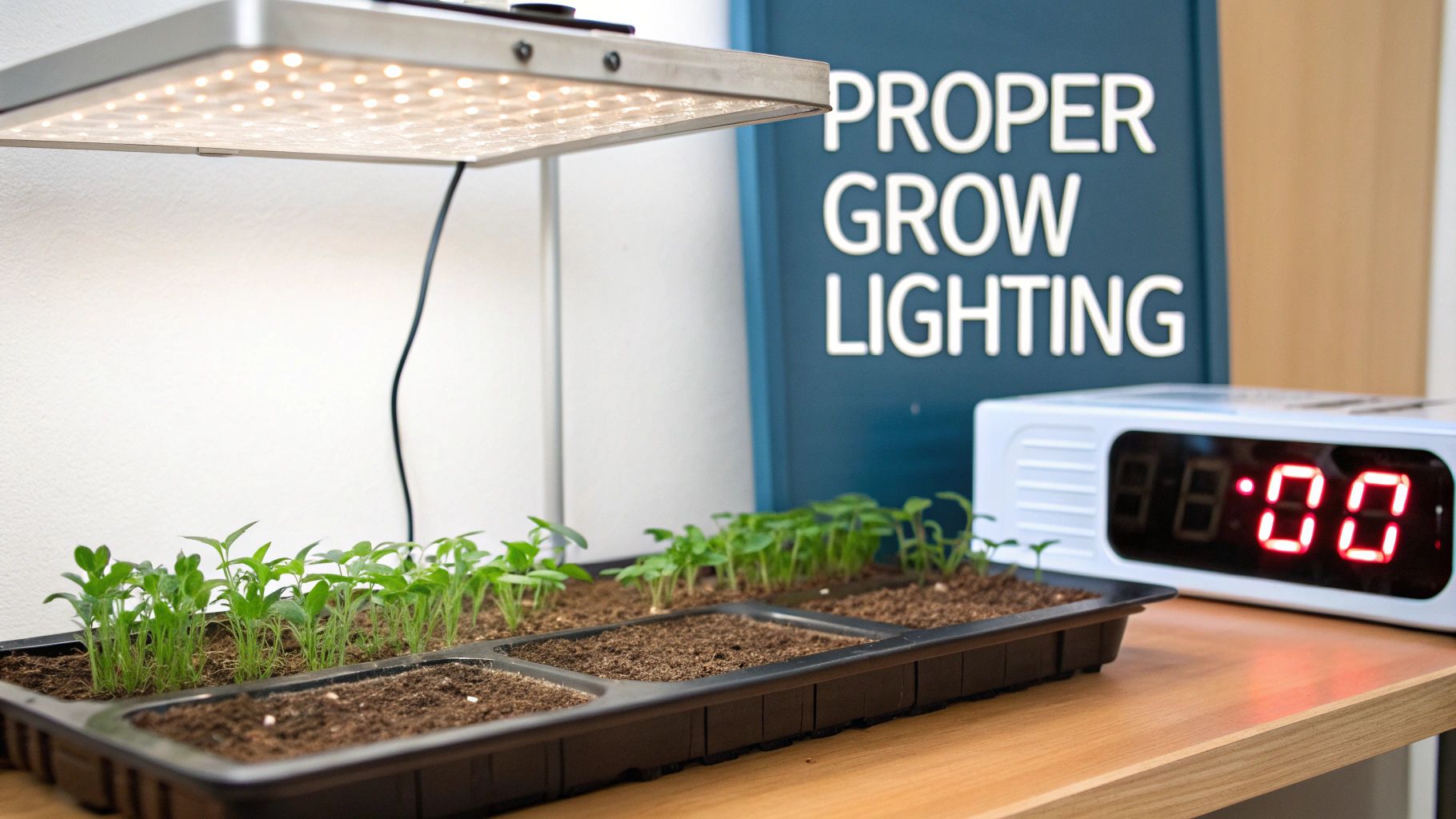 A modern indoor garden setup with LED grow lights illuminating several small vegetable plants.