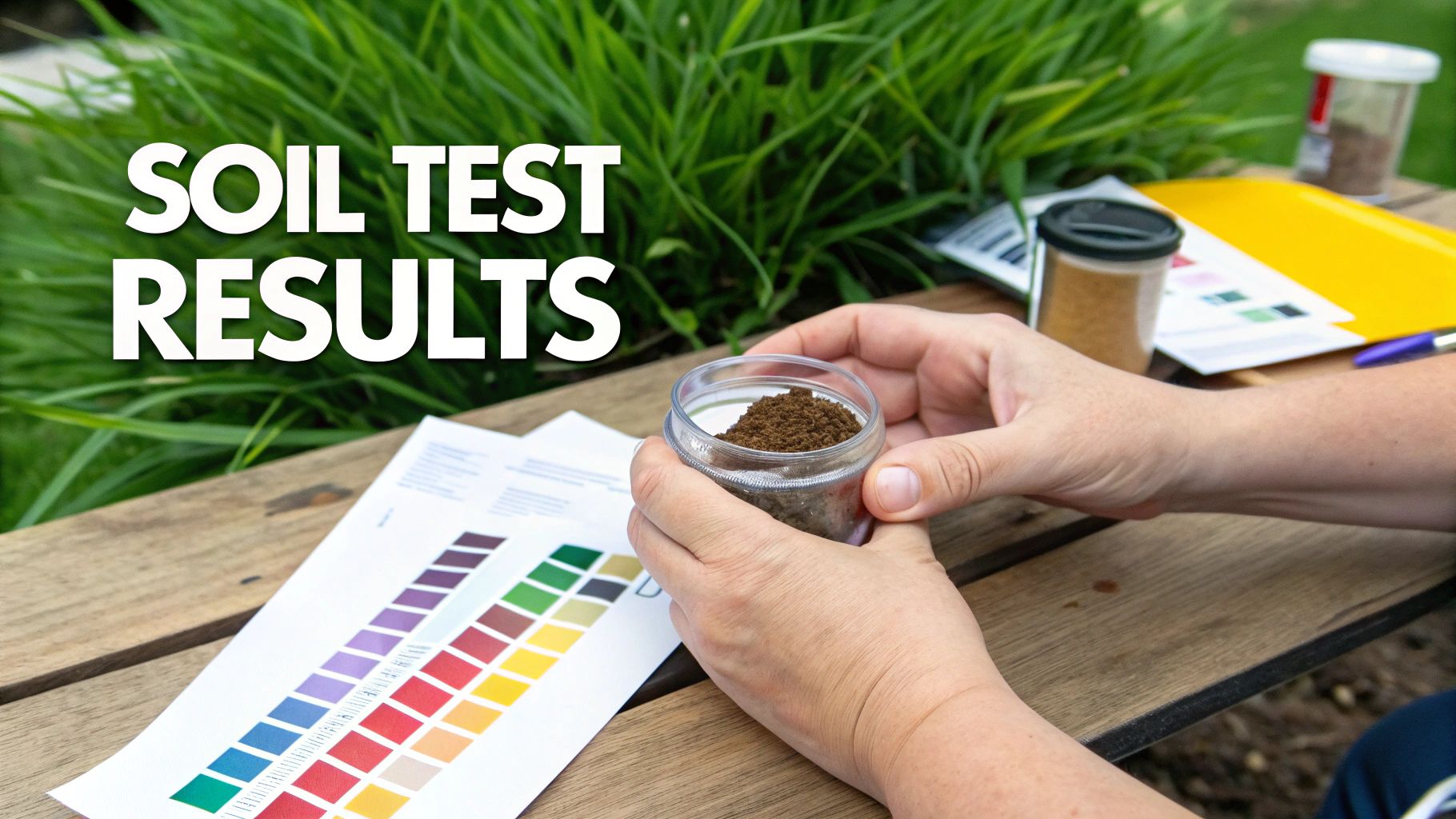 A person holding a glass jar with soil and water to perform a soil texture test.