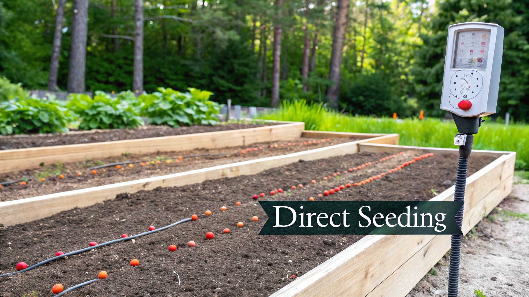 A hand planting a single tomato seed directly into rich garden soil.